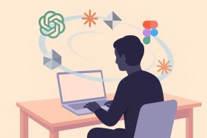 Illustration: AI tools orbiting a laptop, representing orchestrated collaboration between ChatGPT, Cursor, Claude, and Figma Orchestration illustration